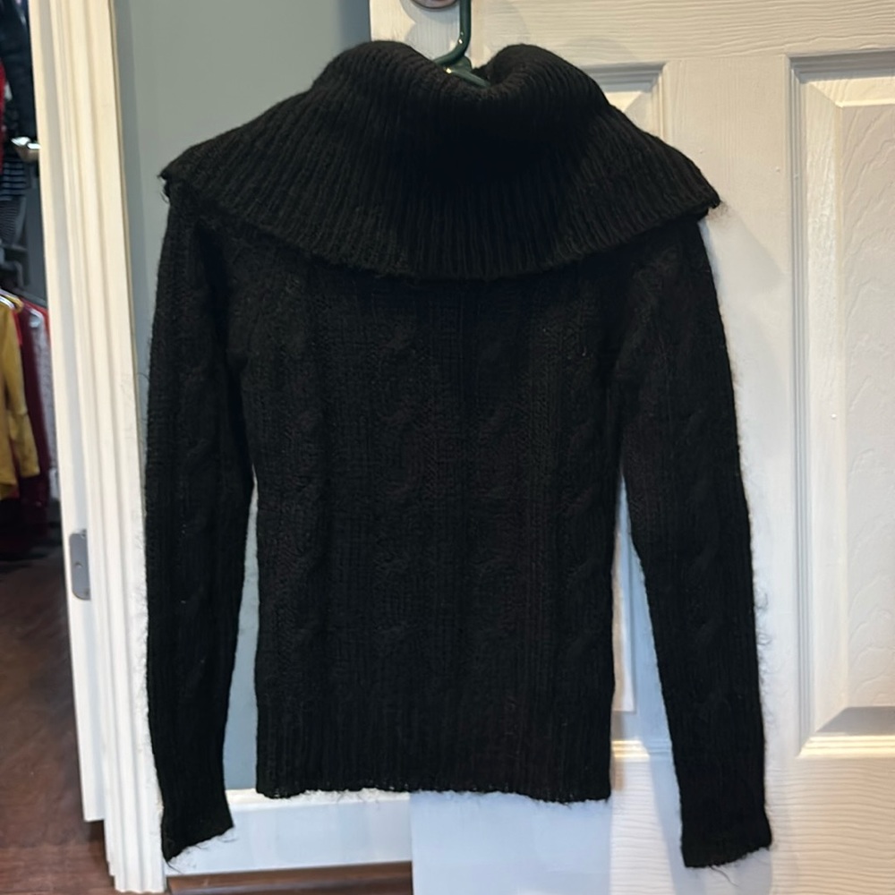 Black Lux cowl neck cable knit mohair sweater